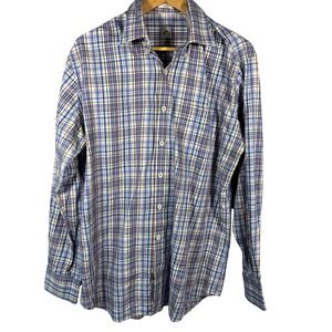 Peter Millar Mens Large Blue White Plaid Cotton Long Sleeve Button Down Shirt